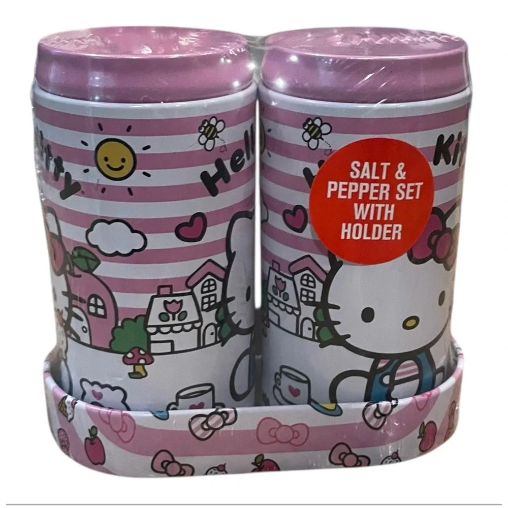 Hello Kitty‎ Salt Pepper Shaker Set with Holder Pink Striped Collectible Gift